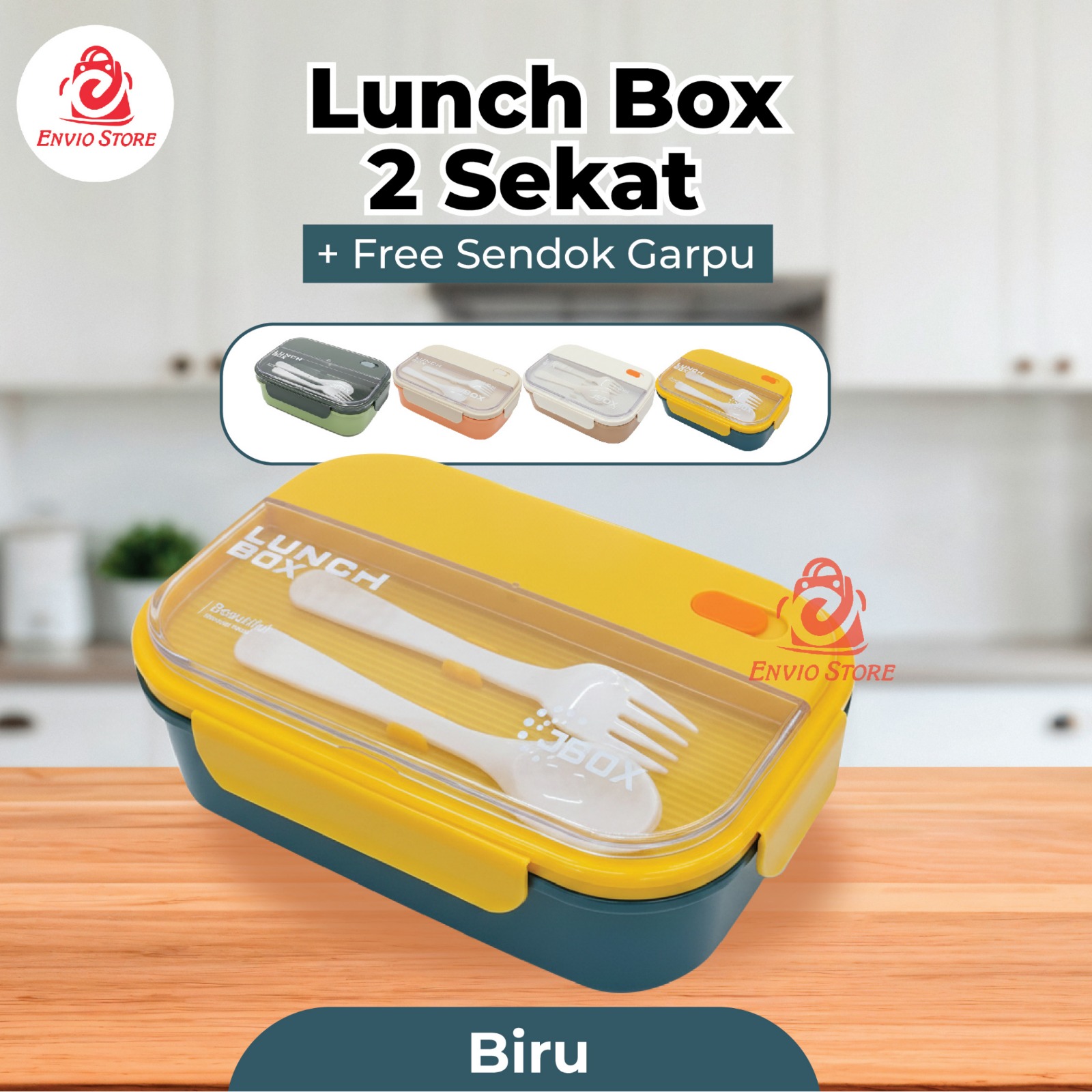 Lunch Box 2 Sekat 1200ml + Free Sendok Garpu - BIRU (JB002)
