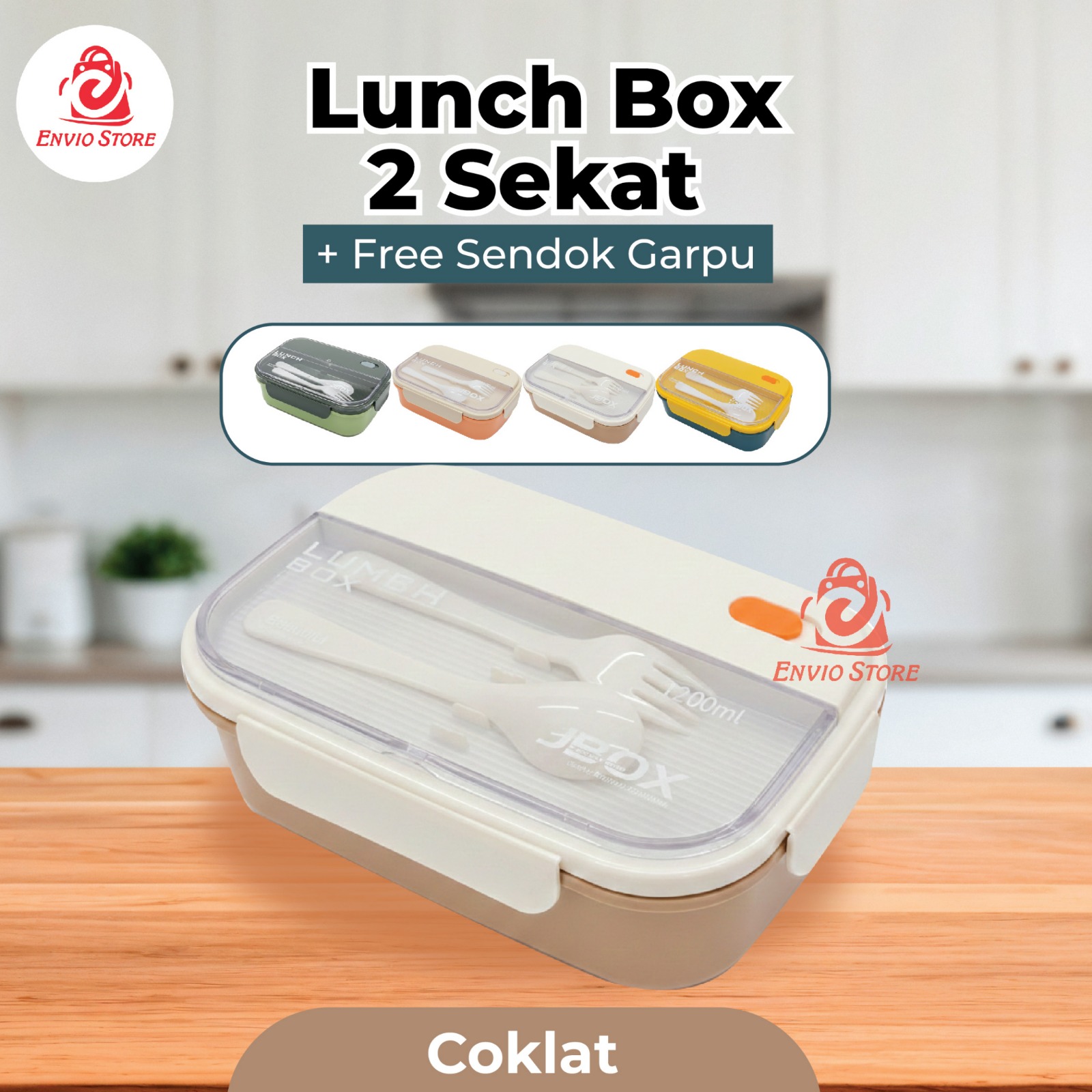 Lunch Box 2 Sekat 1200ml + Free Sendok Garpu - COKLAT (JB002)