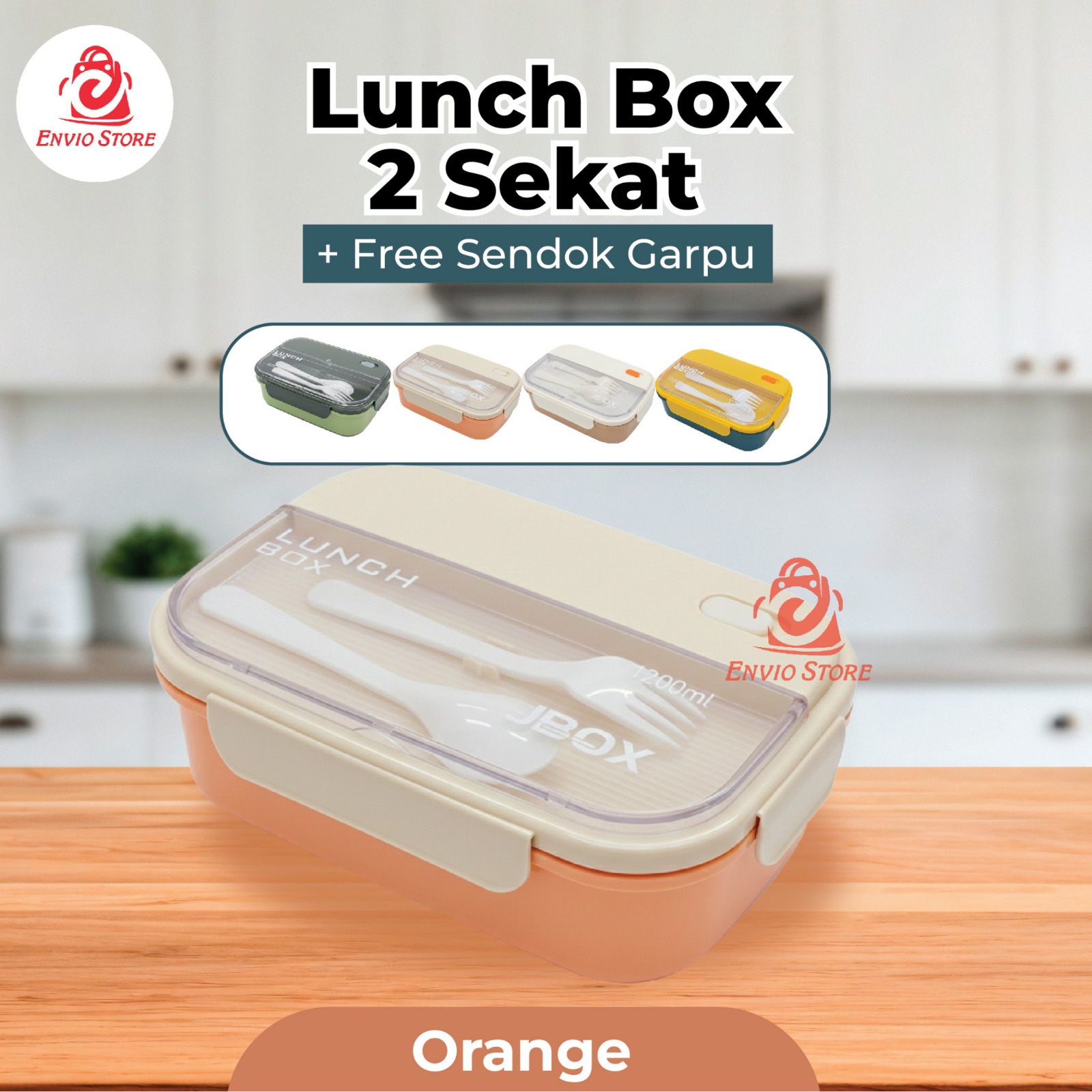 Lunch Box 2 Sekat 1200ml + Free Sendok Garpu - ORANGE (JB002)