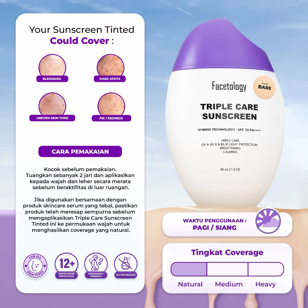 Facetology Triple Care Tinted Sunscreen SPF50 PA++++ 40ml - BARE