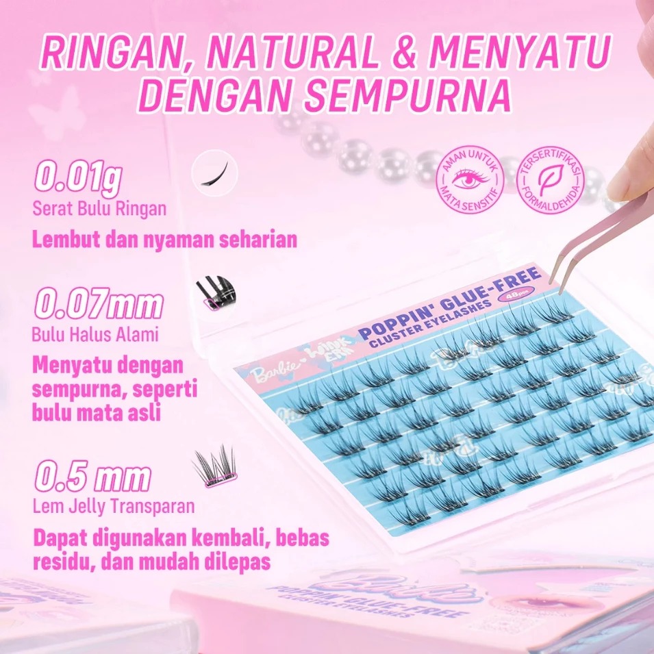 Glam Fix Wink Era Poppin Glue-Free Cluster Eyelashes - 12 Barbie Slay (Isi 48pcs - Barbie Collection)