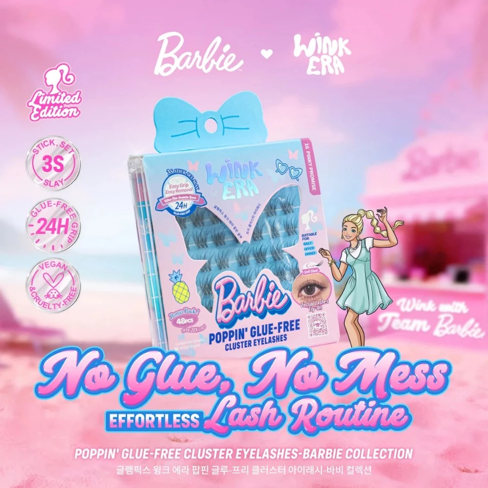 Glam Fix Wink Era Poppin Glue-Free Cluster Eyelashes - 18 Hi! Barbie (Isi 48pcs - Barbie Collection)