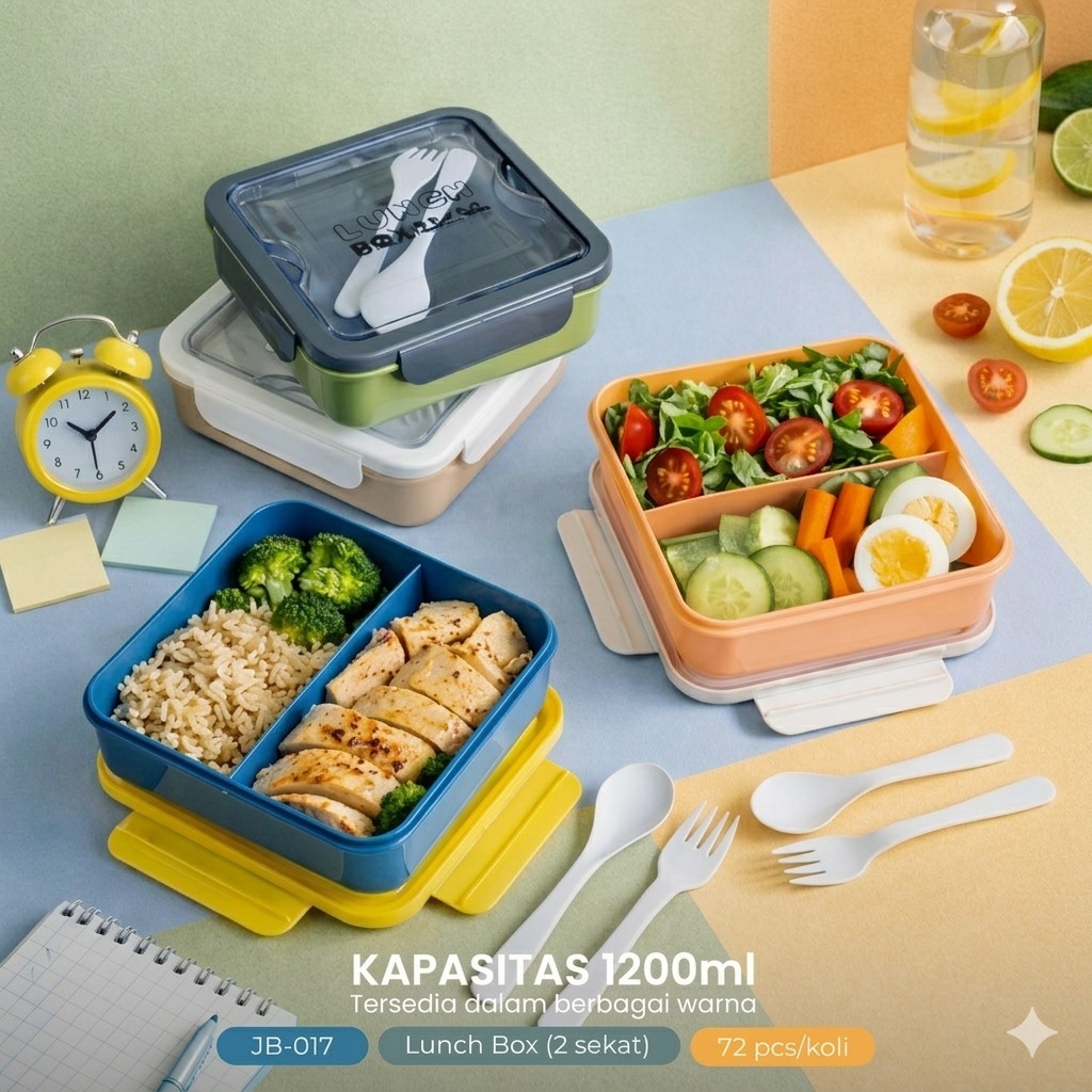 Lunch Box 2 Sekat 1200ml (JB017) - HIJAU (Free Sendok + Garpu)