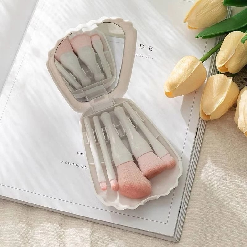 Kuas Makeup Kerang 5in1 + Cermin - PUTIH (Brush Makeup Set Portable)