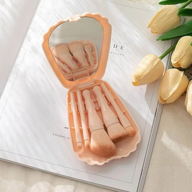 Kuas Makeup Kerang 5in1 + Cermin - PEACH (Brush Makeup Set Portable)