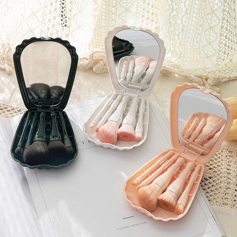 Kuas Makeup Kerang 5in1 + Cermin - PEACH (Brush Makeup Set Portable)