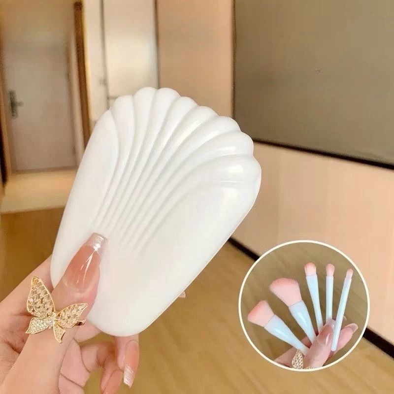 Kuas Makeup Kerang 5in1 + Cermin - PEACH (Brush Makeup Set Portable)