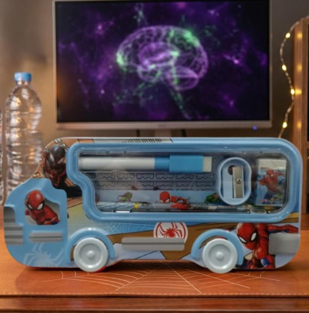 Kotak Pensil Anak Karakter Model BUS + Alat Tulis 5in1 - SPIDER BIRU (LPY99-12)