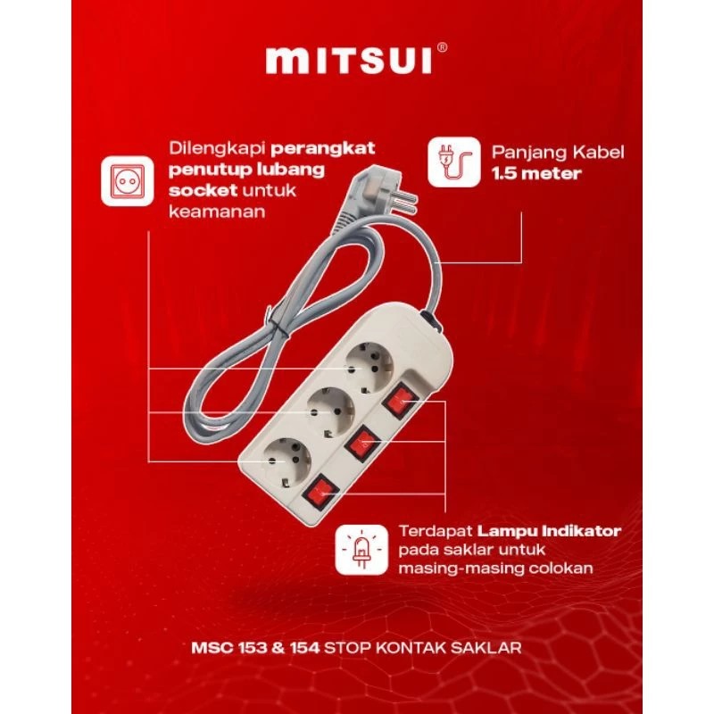 Mitsui MSC153 White - Stop Kontak 3 lubang + Saklar